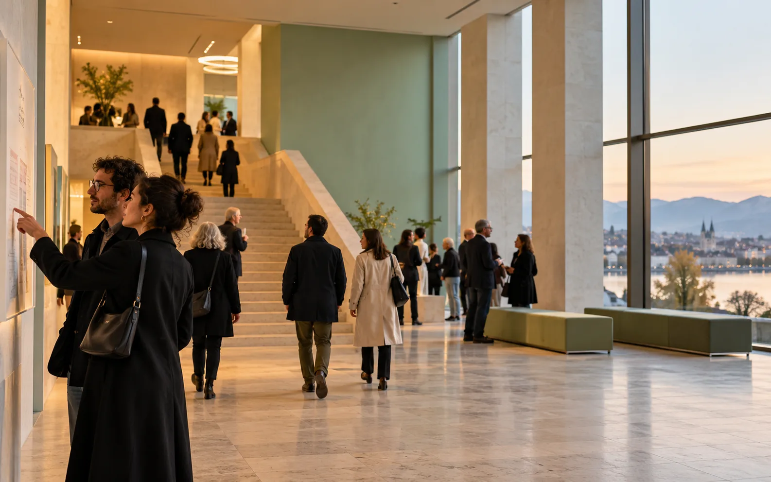Besucherinnen und Besucher in einer modernen Kulturhaus-Lobby