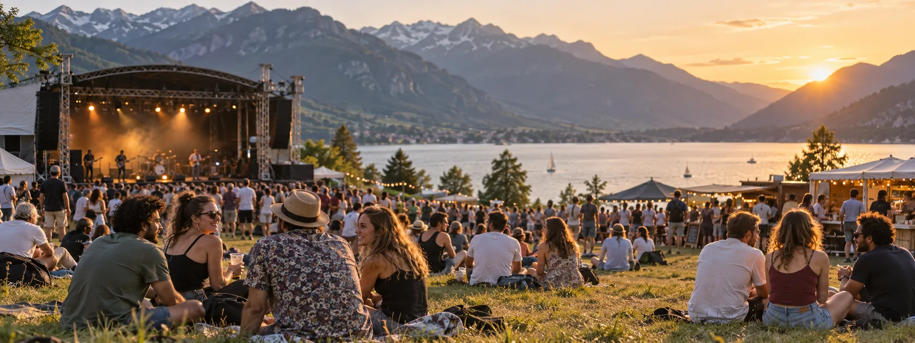 Publikum bei einem Openair am See vor alpiner Landschaft
